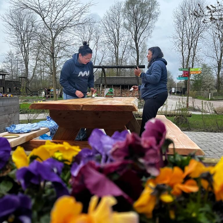 Collega Tamara en Valentina beitsen de picknickbank