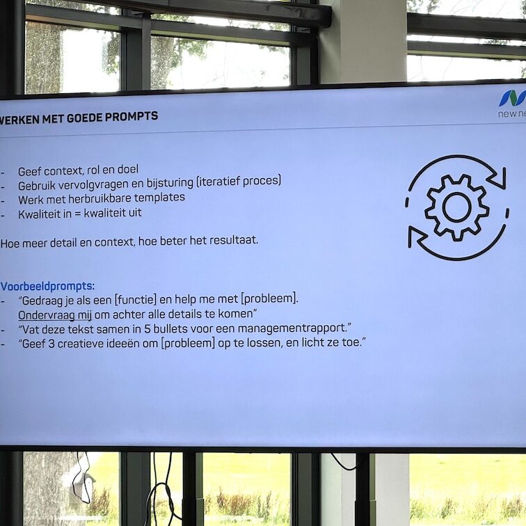 Slide met tips voor goede prompts voor ChatGPT uit de training van Patrick van der Zwan tijdens de AI Summer School bij New Nexus